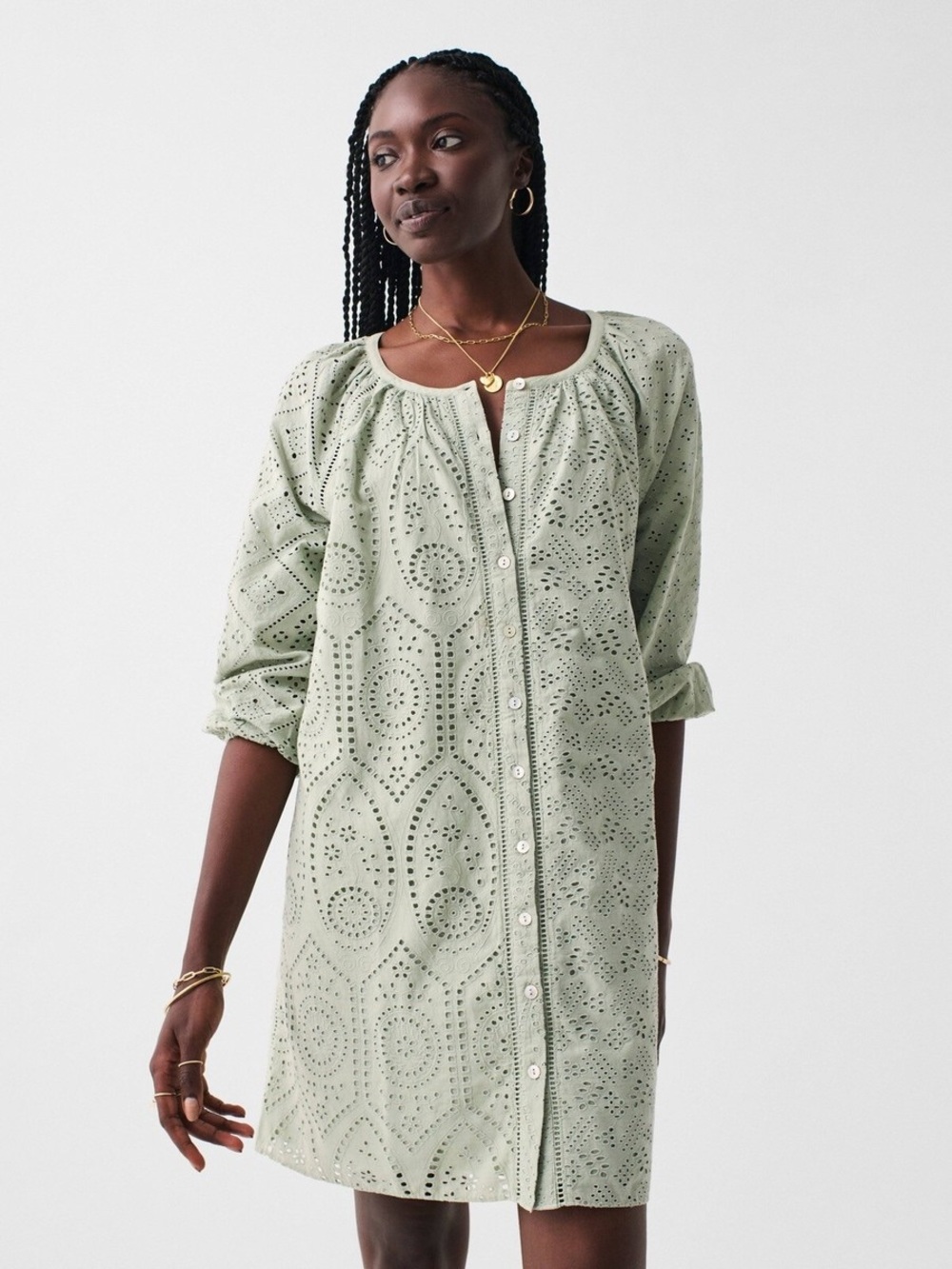 Faherty Light Sage Eyelet Button-Front Mini Dress